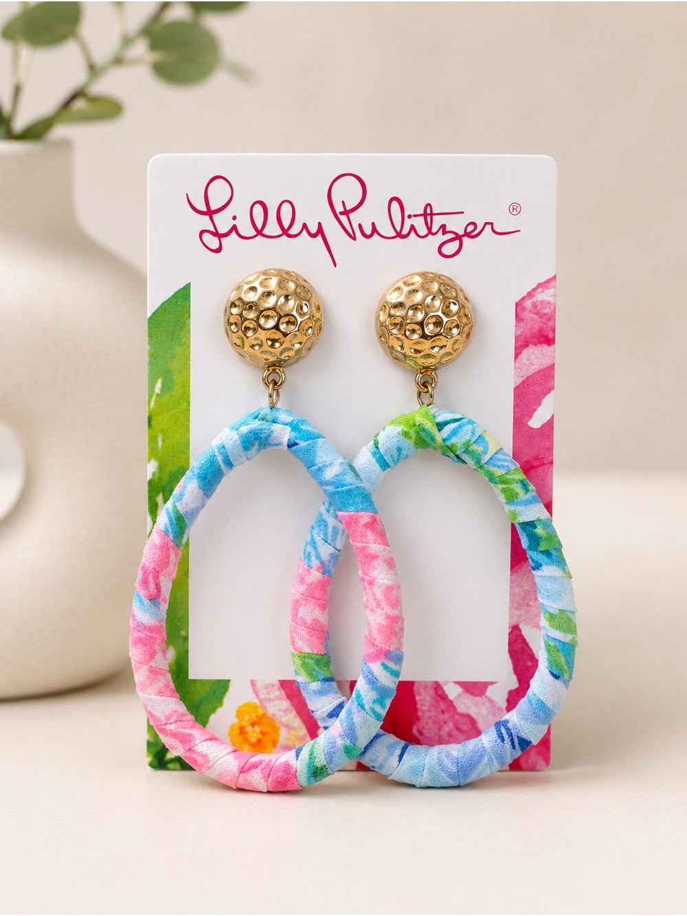 Lilly Pulitzer Pink Blue Green Floral Fabric-Wrapped Hoop Earrings